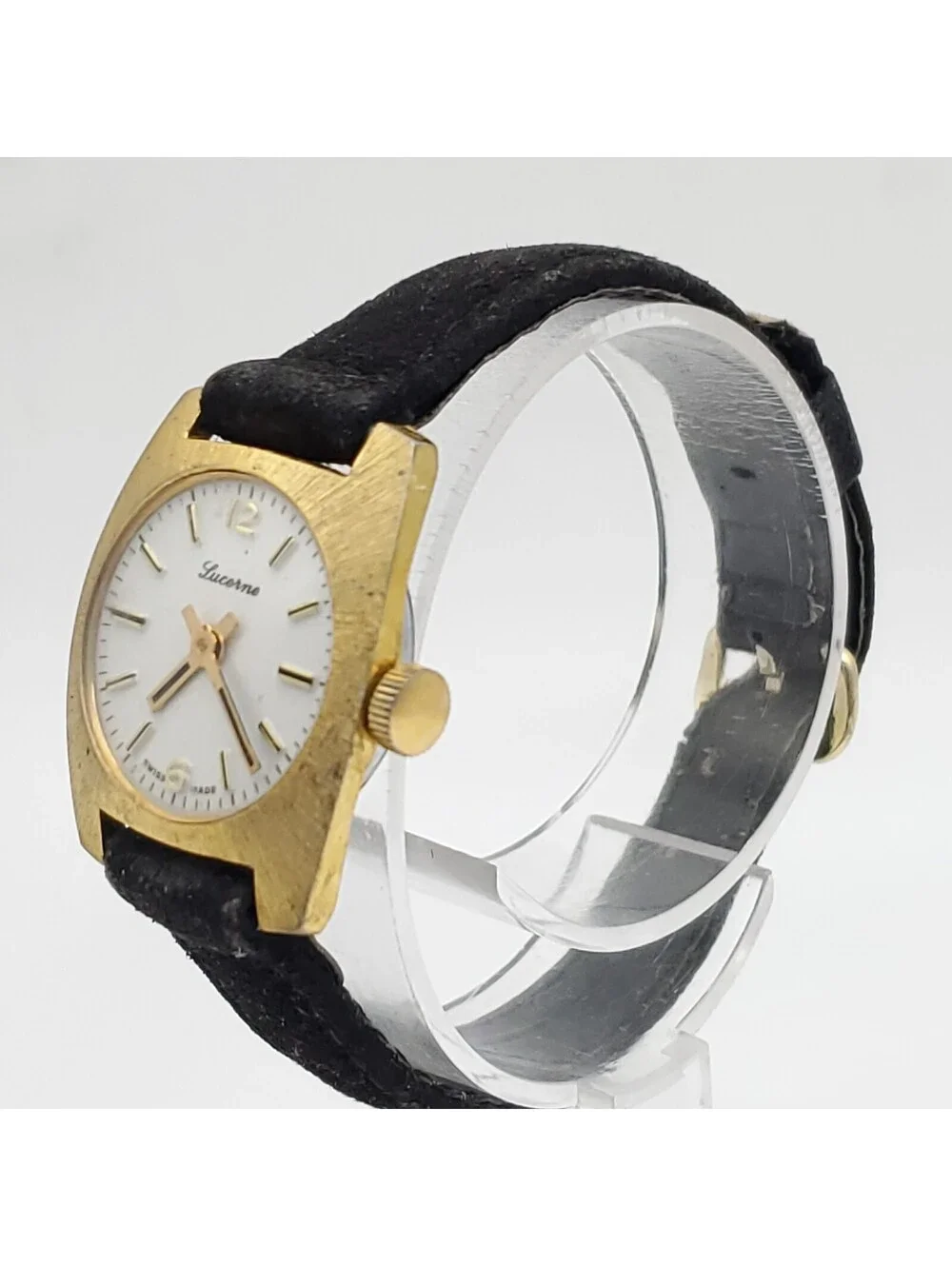 Vintage Lucerne Mechanical Watch Women Running Gold Tone Black Band 23mm